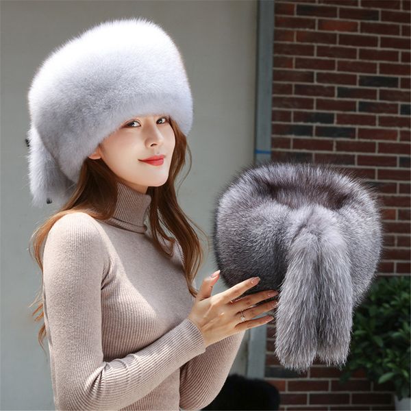 Unisex tam kapalı gerçek tilki kürk şapka Rus tuzağı Ushanka şapka üst şapka kış sıcak kapağı