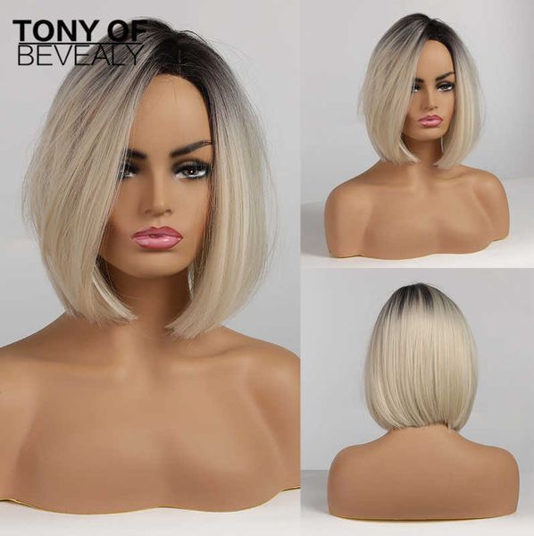 Women Hair Synthetic Short Short Straight Bob in stile parrucche da marrone alla luce bionda leggera parte ombre per cosplay resistente al calore 0527