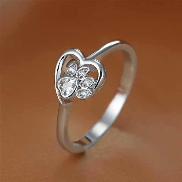 Bandringe Zierliche hohle silberne Farbe Ehering Weißer Zirkon Rosa Kristall Herzstein Ring Niedliche Katzenpfote Hundeklauenringe für Frauen Schmuck G230213