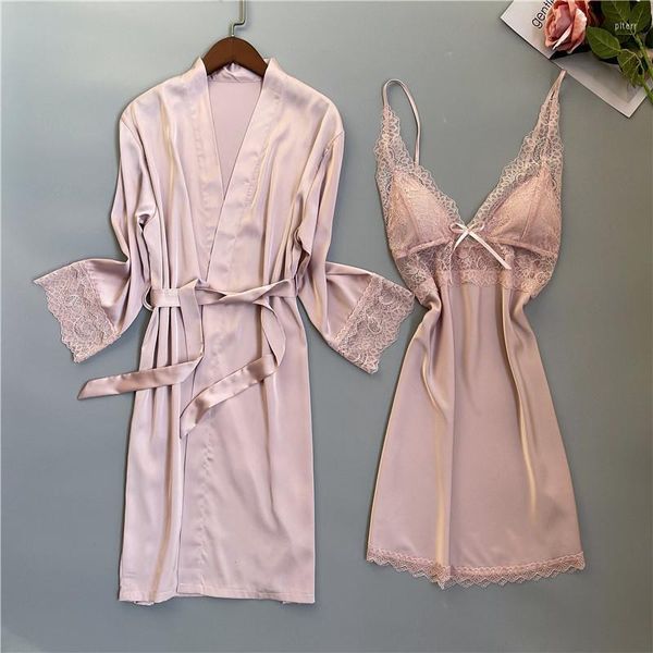 Kadın pijama pembe içi boş robe set kadınlar dantel kimono elbisesi yaz gece gece seksi v yaka uyku gündelik samimi iç çamaşırı