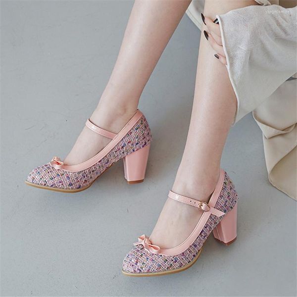 Vestido sapatos 2023 confortável Mary Jane High Heel Fashion Toe Buckle Women Women Cute Bow Knot Square Bomba