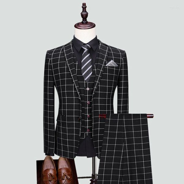 Ternos masculinos Men's Black Polyster Algodão Verifique 3 peças 2 botões Notch Lapel Groom Wedding Formal Tuxedos