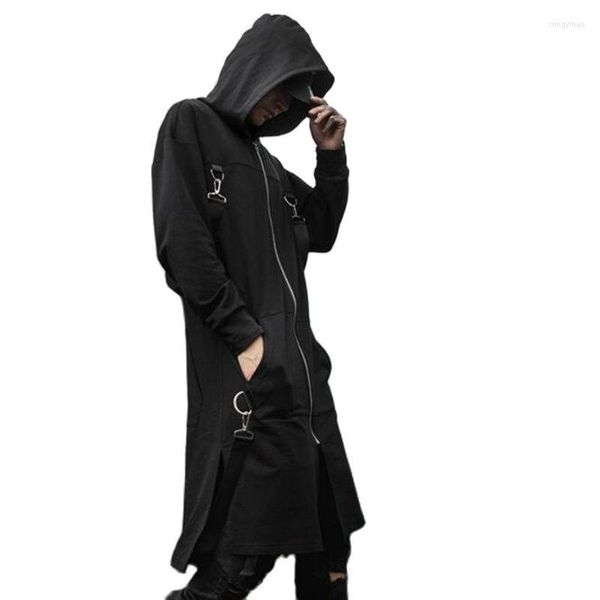 Herrenjacken 2023 Autumn Mode Männer Ribbons Patchwork Punk Hip Hop Long Trench Copfel Kapuze Umhang Schwarzer Hiphop Reißverschluss