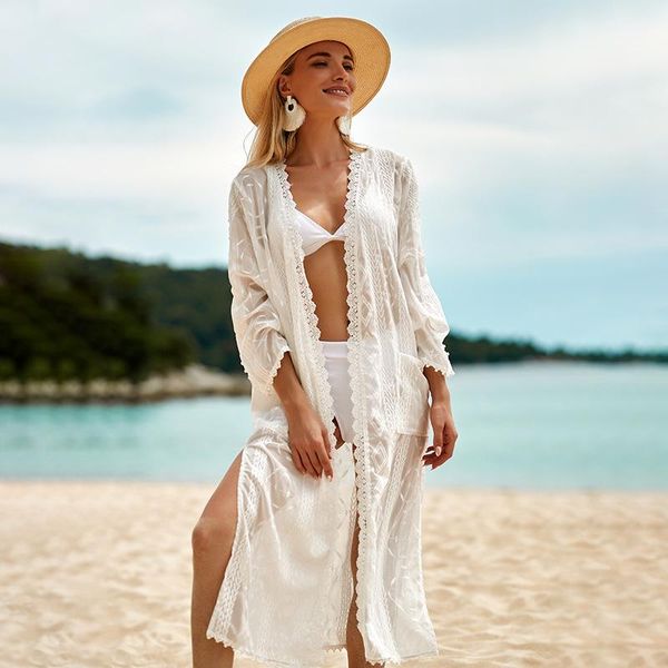 Kadın mayo nakış beyaz plaj örtüler femme seksi hırka bikini mayo tatil şal güneş koruyucu gömlek elbise ropa de playa muj