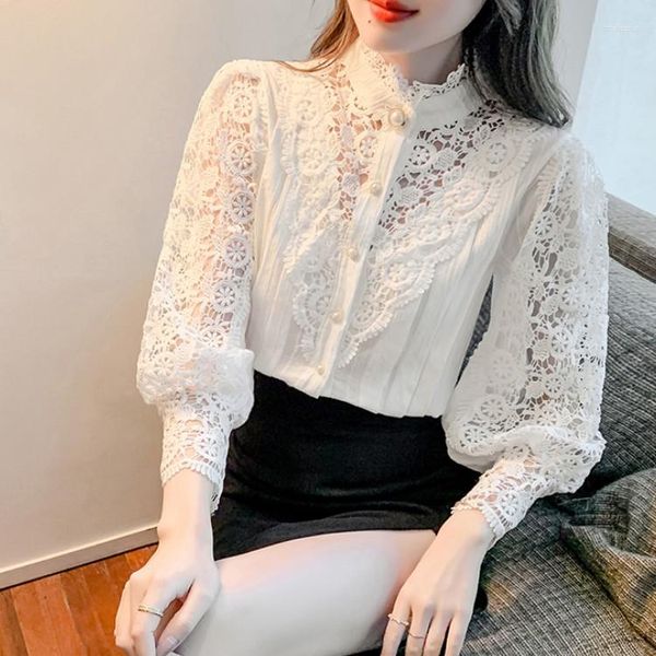 Blouses feminina Moda Runway Petal Stand Stand Collar Hollow Out Flower Lace Patchwork Camisa femme Blusas All-Match Women White Blouse