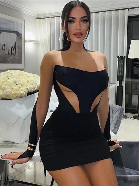 Vestidos casuais hirigin outono moda malha de retalhos para mulheres 2023 o pescoço de manga comprida Roupfits Roupfits Black Bodycon Mini fêmea