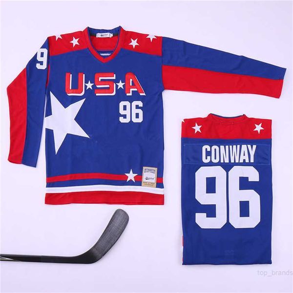 Takım ABD 96 Charlie Conway Mighty Ducks Film Hokey Jersey College Home Tüm Dikişli Renk Mavi Üniversite Saf Pamuk Kaliteli