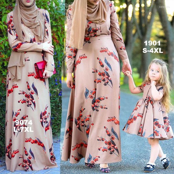 Ethnische Kleidung 2023 Mode Eltern-Kind-Outfit passendes bedrucktes Kleid Langarm Mutter und Tochter Robe Anzug Familie Muslim