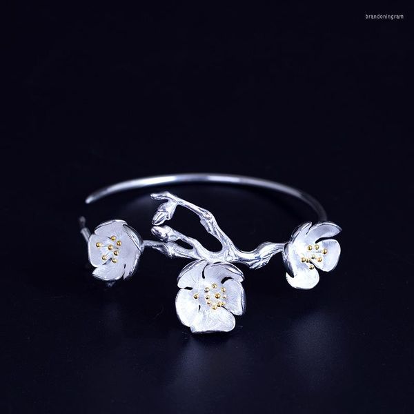 Catene stile retrò Bracciale aperto con fiore in argento semplice Sterling 925 Antico Hanfu Temperamento estetico Foresta semplice