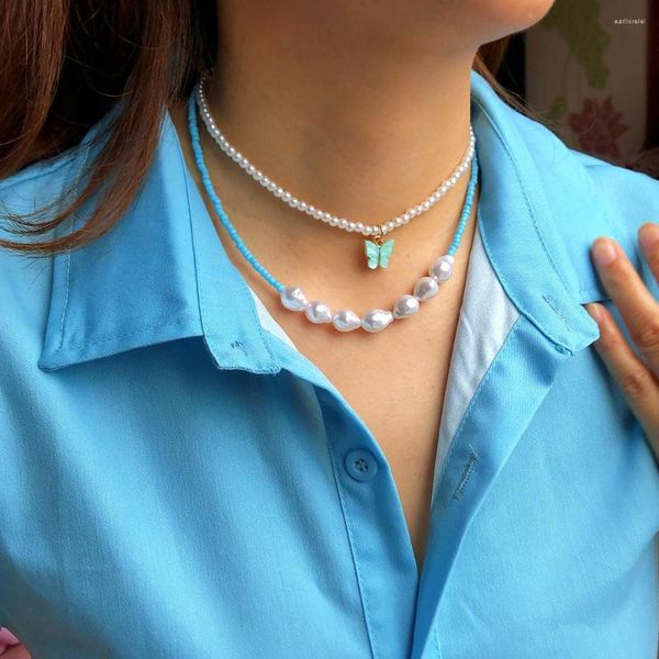 Anhänger Halsketten Tauam Blaue Reisperlen Nachahmung Perlen Halskette Für Frauen Gold Farbe Schmetterling Choker Weibliche 2023 Mode Schmuck