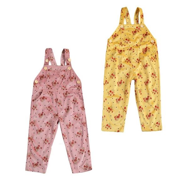 Tute Pudcoco 1-6Y Bambino Bambino Neonata Primavera Generale Stampa floreale 3 tasche Bottoni Bretella Bavaglino Pantaloni lunghi Giallo/Rosa