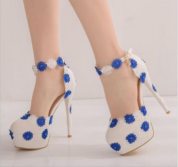 Scarpe eleganti da 14 cm piattaforma rotonda piattaforma alte tacchi blu e bianchi fiori di pizzo perle perle per la performance