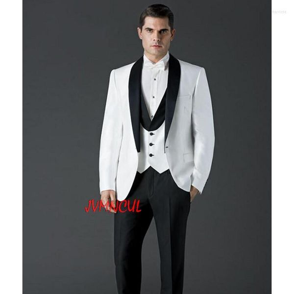 Ternos masculinos 3 peças Shawl White Lapeel Groom Tuxedo One Button Wedding Men Black Pants Man Blazer (gravata da jaqueta)