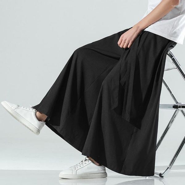 Calça masculina masculina perna larga hip hop de tamanho grande calça de moletom preto hakama cor sólida estilo chinês flare casual