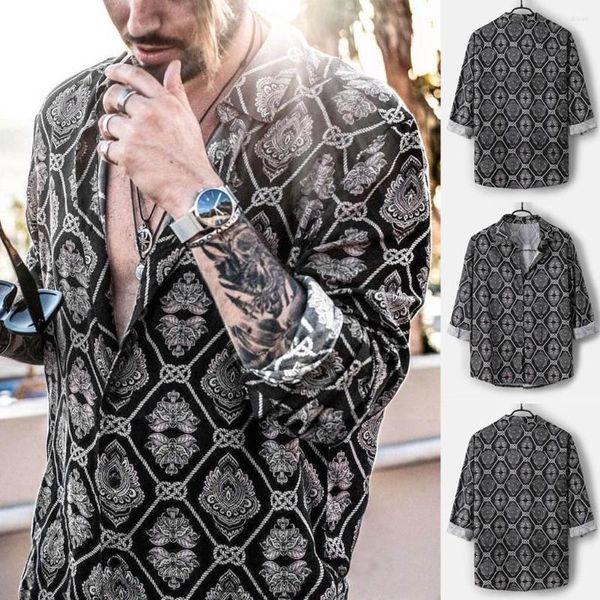 Camisetas masculinas outono masculino de outono solto diário diário leopardo de manga longa blusa de top blouse european estilos de férias em estilo europeu