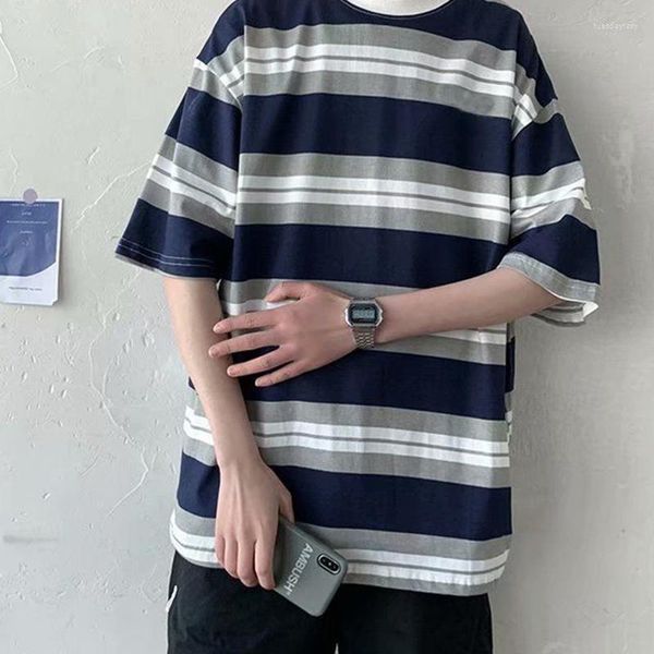 T-shirt da uomo 2023 T-shirt da uomo a righe stile semplice Oversize Allentato Casual Teen Pullove Abbigliamento All-Fiammifero Hip Hop Patchwork divertente