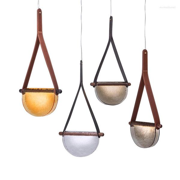 Kolye lambaları Modern şeffaf gri Amber Cam Lamba Bar Mutfak Yemek Odası Aydınlatma Armatürleri Deri Art Deco Hanglamp