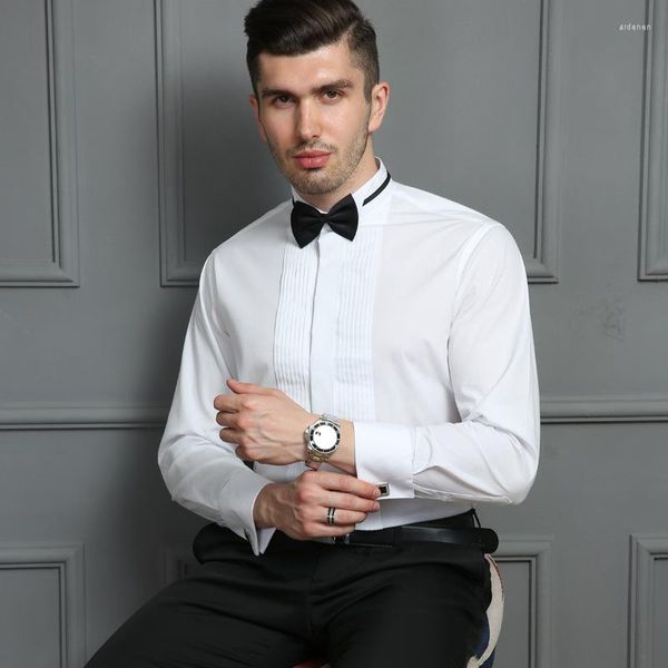 Erkekler Elbise Gömlek Moda Damat Smokin Groomsmen Uzun Kollu Fransız Kelesi Düğmesi Düğün Kanat Tip Beyaz Kırmızı Siyah Bowtie