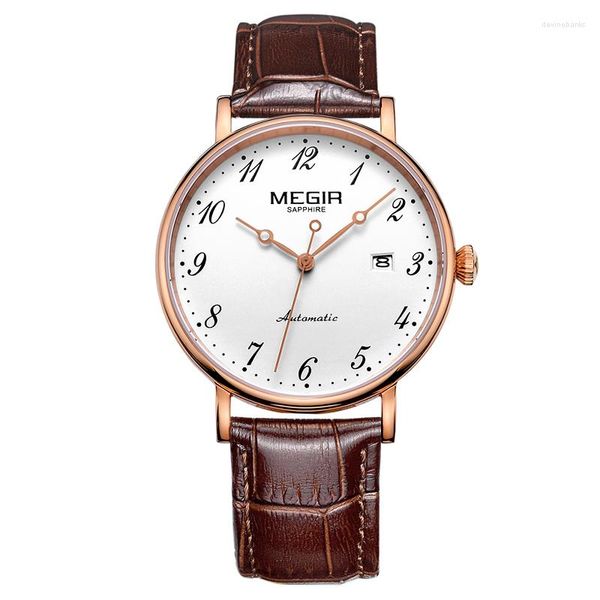 Relógios de pulso MEGIR Brand Men Watches Automático Mechanical Watch Tourbillon Sport Clock Leather Casual Business RETRO RELOJES RELOJES DE PRODIMENTOS