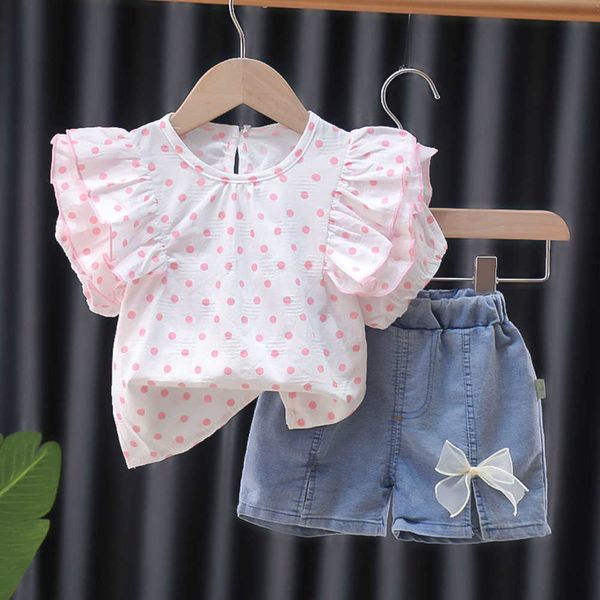 Abbigliamento Neonata Abiti carini Imposta New Fashion Summer Flying Sleeve Maglietta a pois Pantaloncini di jeans pcs Suit Bambini Bow Abiti dolci