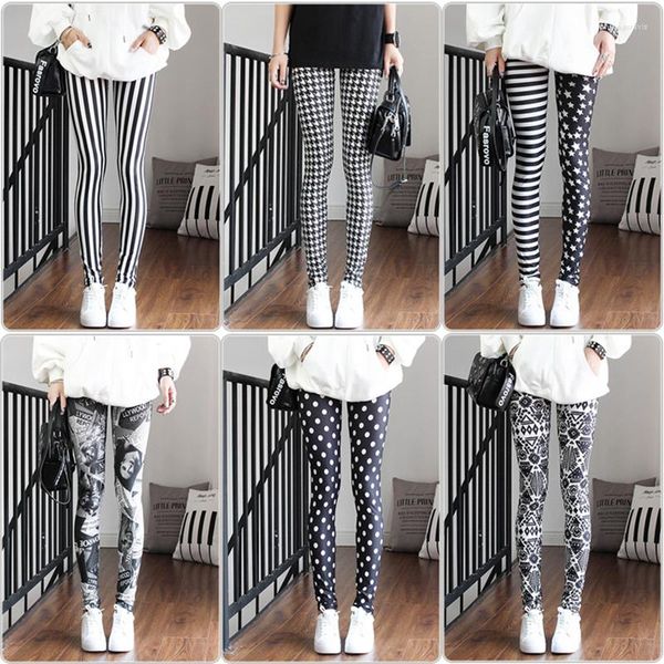 Leggings da donna Moda Stampa in bianco e nero Pantaloni a matita sottili elastici attillati a righe sexy da donna Tendenza cravatta Lolita ritagliata