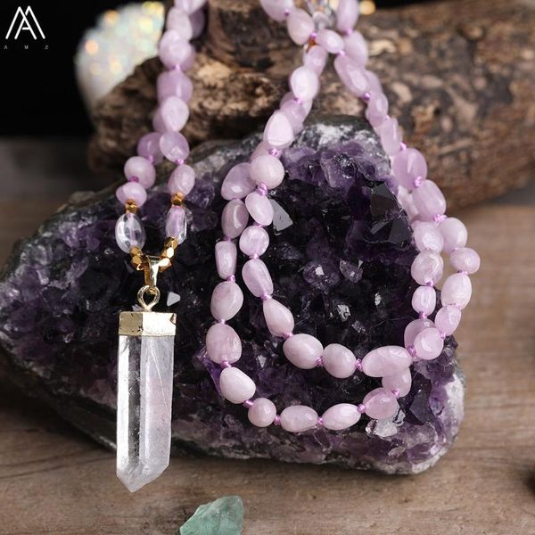 Zincirler Doğal Beyaz Kuvars Serbest Biçim Noktası Kolye Kunzite Kristal Düzensiz Çip Boncuklar Kordon Düğümlü Mala El Yapımı Kolye Jewelrychains