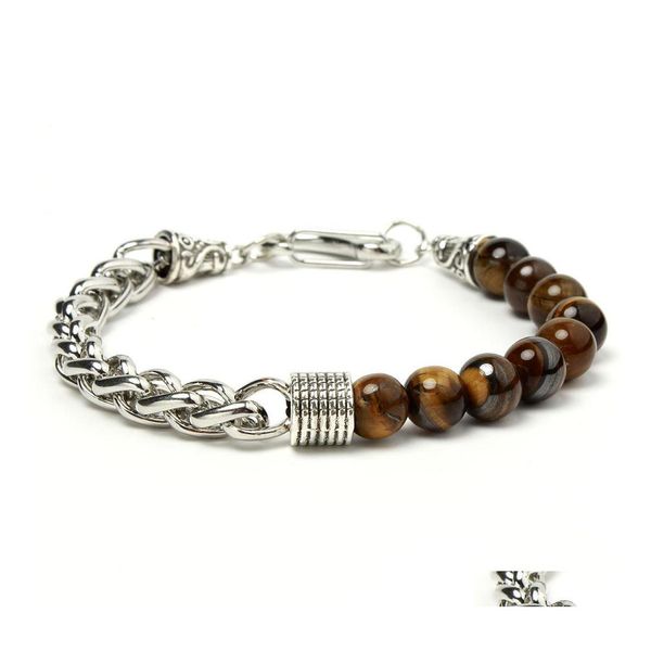 Fios de mi￧angas de pedra natural pulseiras de mi￧angas para homens ioga a￧o inoxid￡vel Link Chain Bracelet Male Jewelry Tiger Drop Dat entre Dhwzn