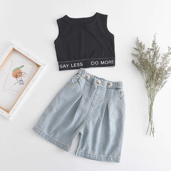 Baby Mädchen Casual Kleidung Sets Mode Kinder Brief Drucken Schwarz Tank Tops Denim Shorts Sommer Aktive Outfit Kinder Kleidung Y