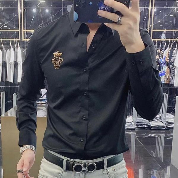 Camicie casual da uomo 2023 Autunno Tendenza moda Personalità Strass Slim Abito a maniche lunghe Camicia con stampa Uomo Camisa Masculina