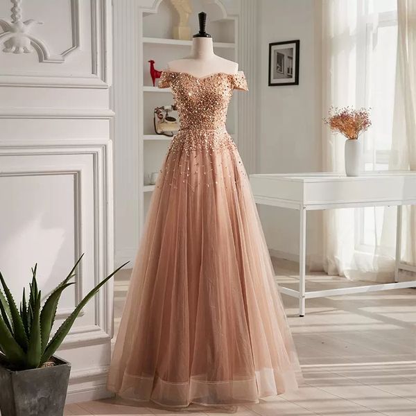 Blush Champagne Abiti da sera Brillanti paillettes Perline Top Abiti da ballo Off the Shoulder Abito formale con lacci