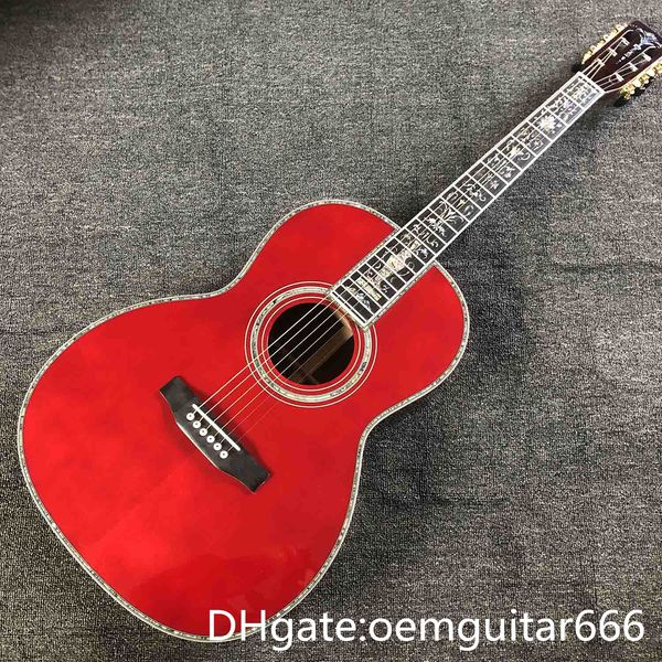 Werksspezifische Gitarre, Decke aus massiver Fichte, Griffbrett aus Ebenholz, Zargen und Boden aus Palisander, hochwertige 39-Zoll-Akustikgitarre aus der ooo-Serie in Rot