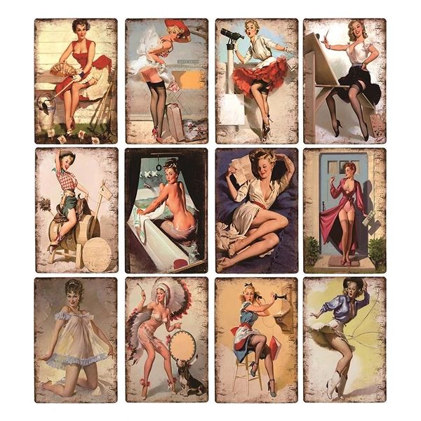 Hot Pin Up Girls Art Painting Signs Retro Poster Placa Metal Placa Sexy Mulher Arte Parede Decorativa Placa Decorativa Vintage Decoração Personalizada Tamanho 30x20 W02