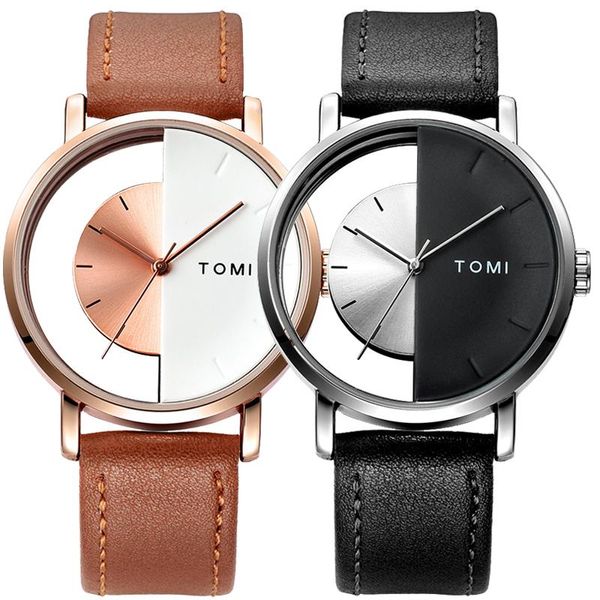 Armbanduhren Paaruhr Kreative Halbtransparente Unisex-Uhren Für Männer Frauen Liebhaber Minimalistische Lederarmbanduhr Mode Quarz Reloj