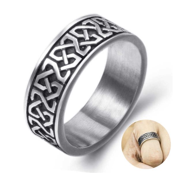 Bant Halkaları Vintage 8mm Erkekler Paslanmaz Çelik Yüzük Gotik Punk Viking Rune Celtic Knot Ring Serin Erkekler Rock Biker Takı Hediye G230213