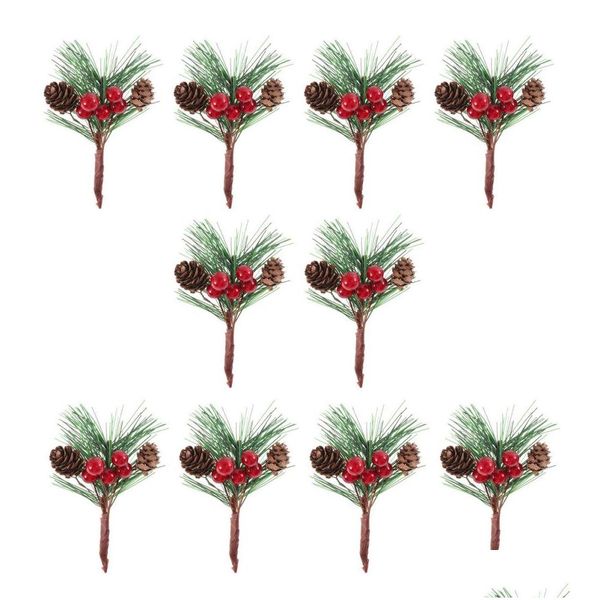 Ghirlande di fiori decorativi 10Pcs Mini Simation Christmas Fake Pine Picks Steli Artificiale Creativo Ago Berry Plant For Xmas Par Dh0V4