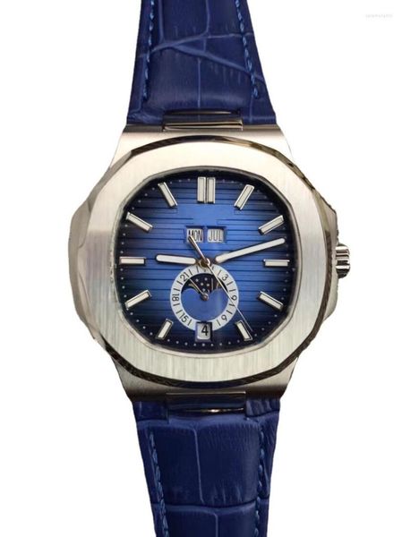 Relógios de pulso masculino relógio mecânico automático Dual Time Moon Fase Black Blue Beather