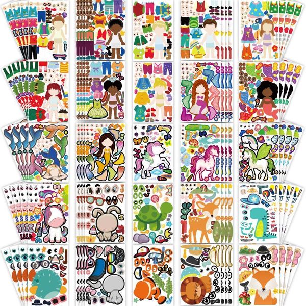 Kinderspielzeug-Aufkleber im Großhandel, 100 Blatt, Lot DIY-Puzzlespiele, MakeaFace Einhorn-Prinzessin-Aufkleber für Babyerkennungs-Bildungsspielzeug 230213