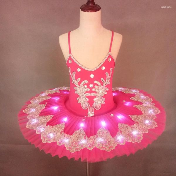 Desgaste de palco vestido de dança de balé luminoso LED Crianças panquecas Tutu Swan Lake Performance Jumpsuit Fluorescent Pompon pompon h630