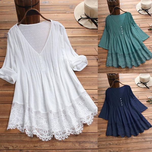 Kadınlar bluz gömlekleri kadın moda vintage dantel içi boş V-yakalı artı boyutu üst kısa kollu kadın asimetrik blusa stre22