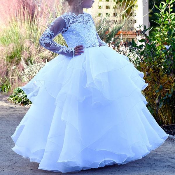 Mädchenkleider Weiß Elfenbein Puffy Blumenmädchenkleid für Hochzeit Juwel Langarm Applikationen Spitze Kinder Party Tiered Erstkommunion Kleider Rock