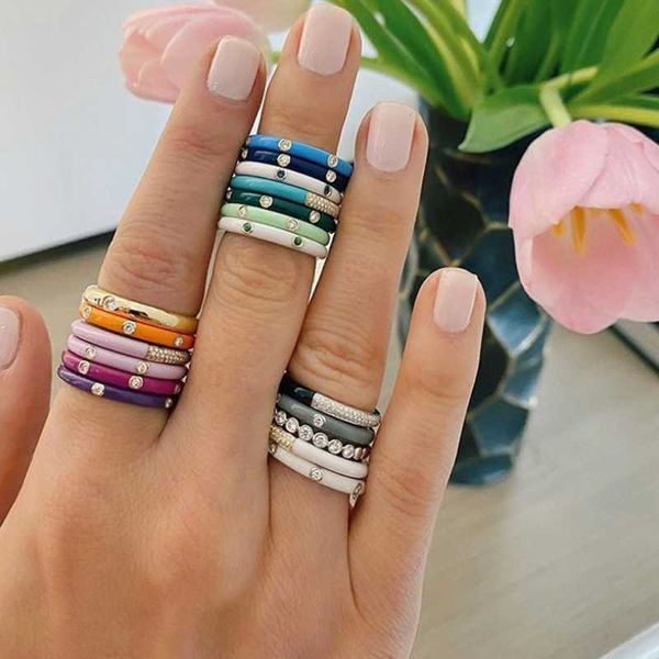 Bandringe 10 Farben Einfacher Regenbogen Emaille Ring asphaltiert CZ Shiny Cubic Zircon Mode Engage Eternity Stapelbare Ringe für Frauen Schmuck Geschenk G230213