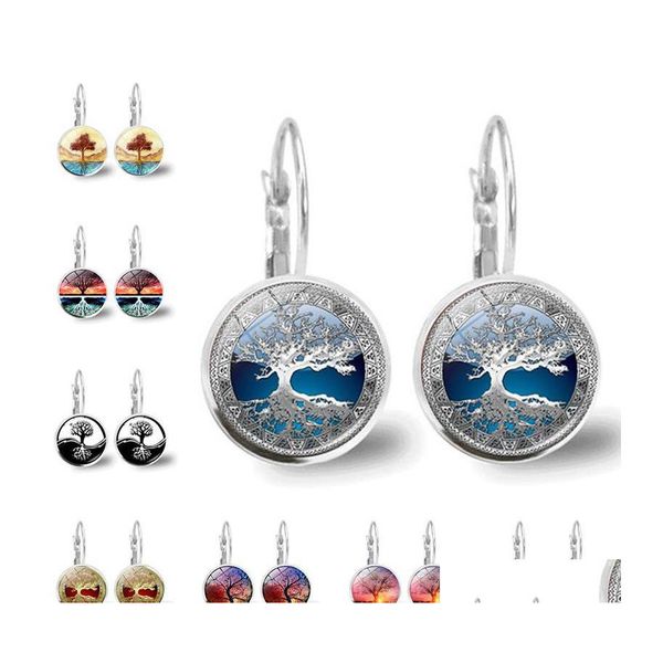 Charme ￁rvore da Vida Sier Brincos de Moda Fran￧a Fran￧a Cabochon Glass For Women Earhook Jewelry Drop Delivery Dhtvl