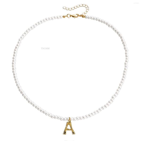 Ketten Tauam Simulierte Perle Perlen Halskette Für Frauen DIY Goldene Englische Alphabet Buchstaben Initiale Choker Halsketten Femme Schmuck Geschenk