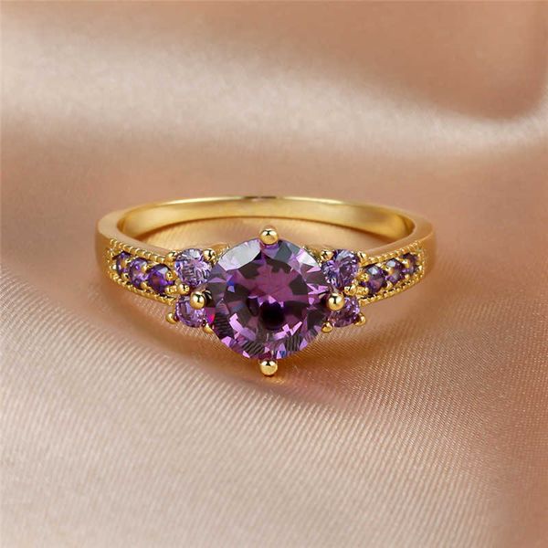 Anelli a fascia Dainty Female Purple Crystal Stone Ring Charm Color oro Fedi nuziali sottili per le donne Gioielli di fidanzamento con zirconi rotondi di lusso G230213