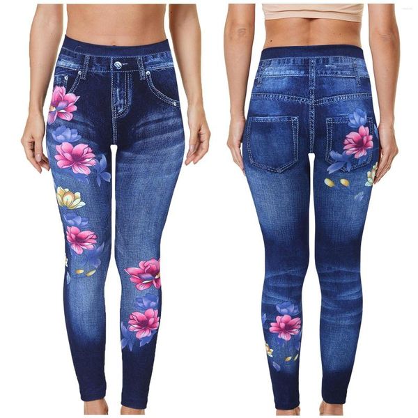 Damen-Leggings, klassische Damen-Jogginghose, elastisch, hohe Taille, stilvoll, Blumen-Denim, bedruckt, sexy Stretch-Winterhose