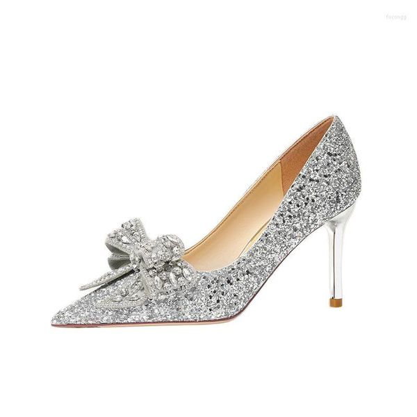 Kleiderschuhe Silber Paillettenpaillettenspace High Heel dünne sexy Kristall -Strass -Bow Frauen Gold Hochzeit Stiletto