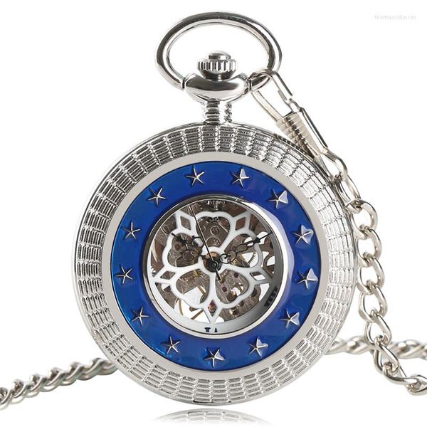 Orologi da tasca Orologio scheletrato in argento vintage Regalo intagliato Trendy Steampunk Fob da uomo Carica manuale Squisita carica a catena retrò meccanico