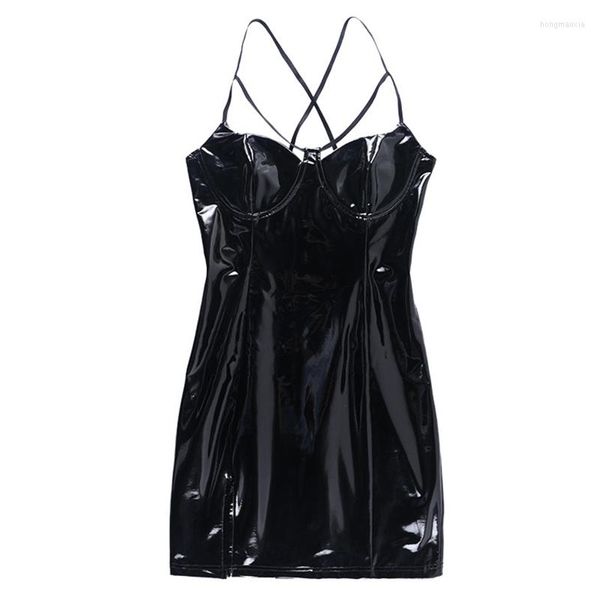 Lässige Kleider Damen Gothic Sexy Shiny Wetlook Kunstleder Spaghettiträger Mini Bodycon Bleistiftkleid Hollow Out Strappy Split Saum Dessous