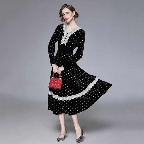 Casual Kleider 2023 Frühling Vintage Polk Dot Samt Kleid Frauen V-ausschnitt Langarm Spitze Patchwork Elegante Midi-kalb Hohe qualität Vestidos