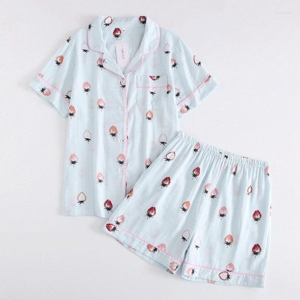 Kadın pijama bayanlar pijama set pamuk kısa kollu şort sevimli karikatür Japonca basit kısa kadın pijama takım elbise